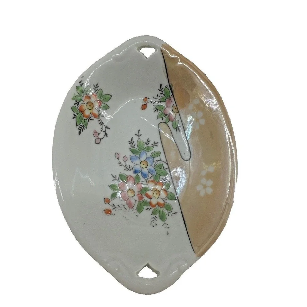 Vintage Made in Japan Hand Painted Floral Lusterware Porcelain Trinket Dish 7in‎